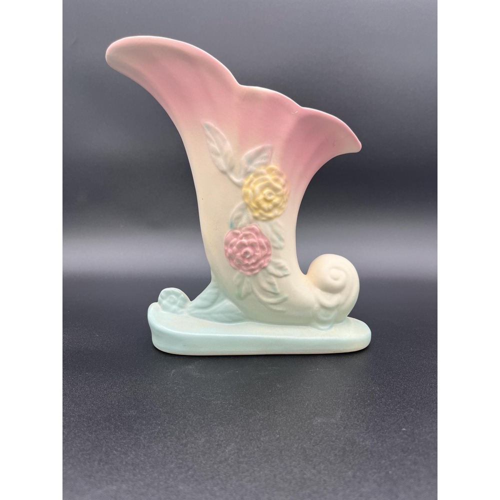 Vintage Hull Pottery Cornucopia Vase, Camellia Floral Design
